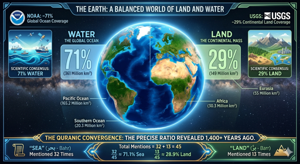 land and sea proportion of the world already revealed by Quran